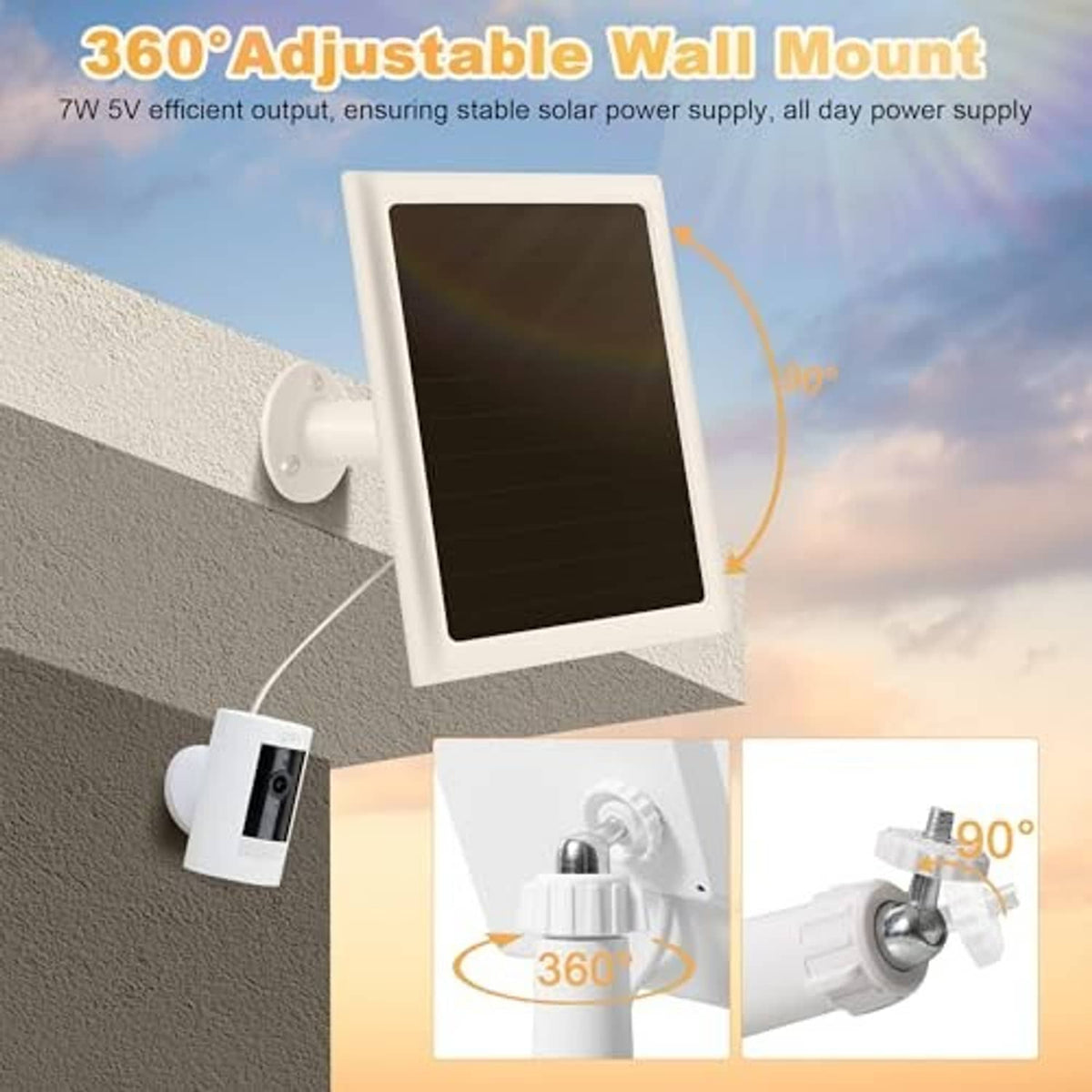 White solar panel charger with adjustable wall mount and swiveling design