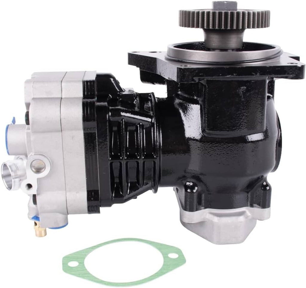 Truck air brake compressor with gear, black and silver housing with side ports and gasket