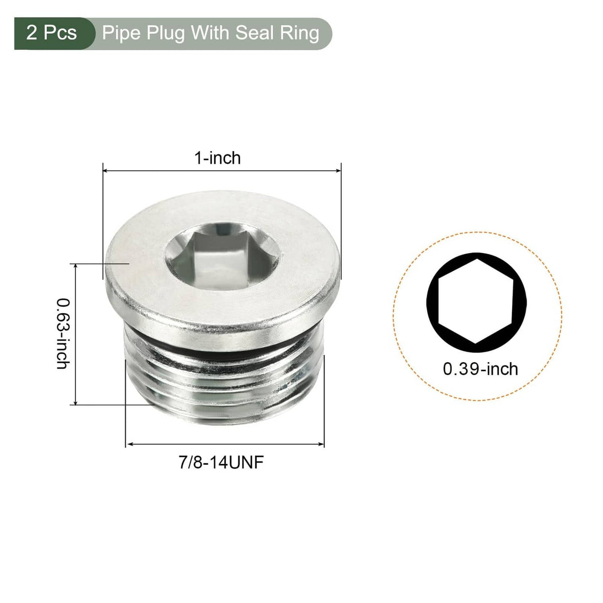 2-pack pipe plug with seal ring, internal hex socket, 7/8-14UNF threads