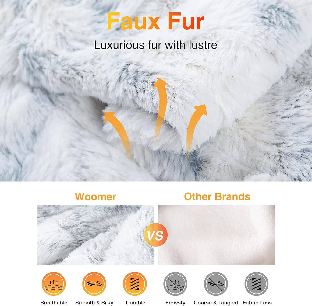 Close-up of light blue and white faux fur heated throw blanket texture