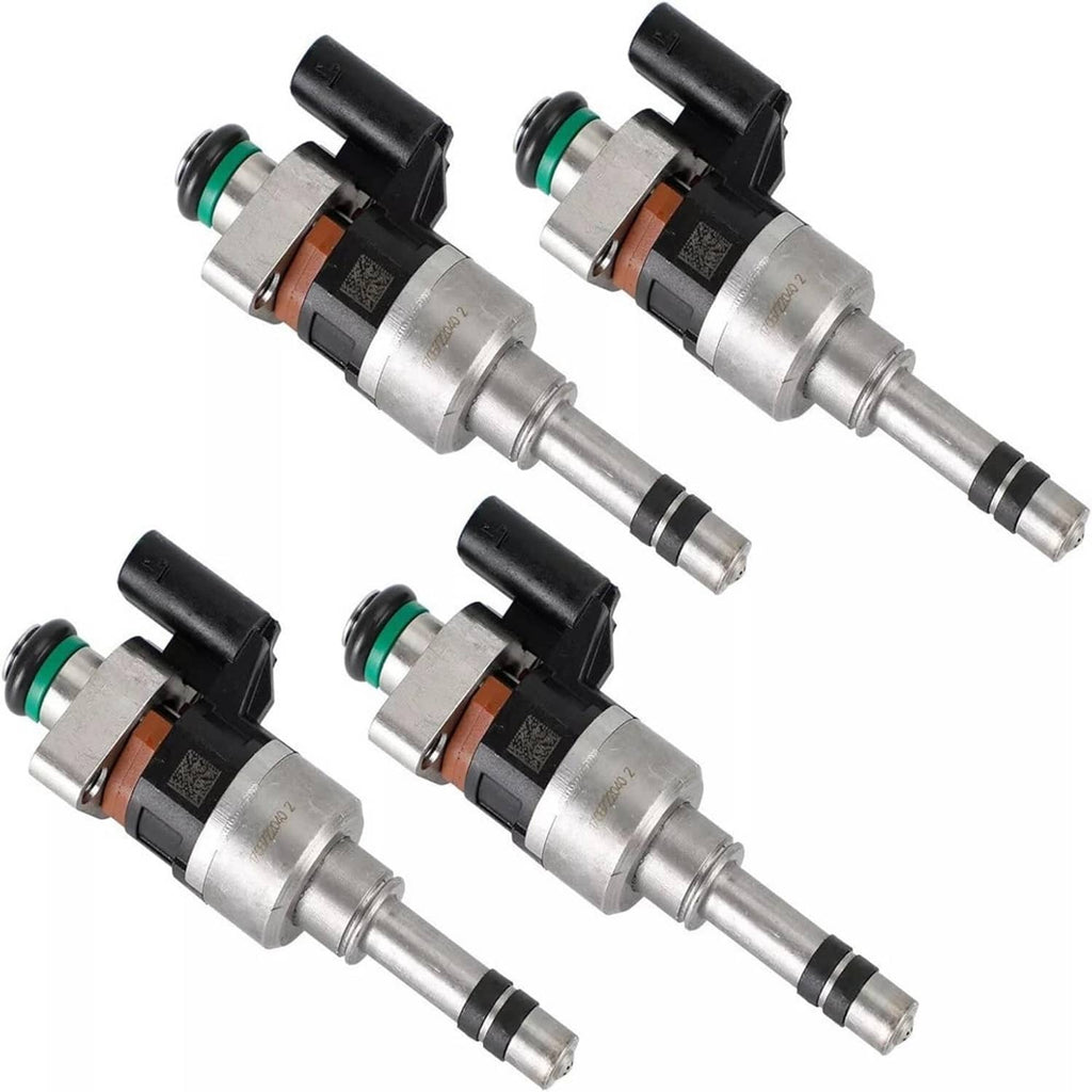 Fuel injector set of four with silver metal bodies, black caps, and green O-rings