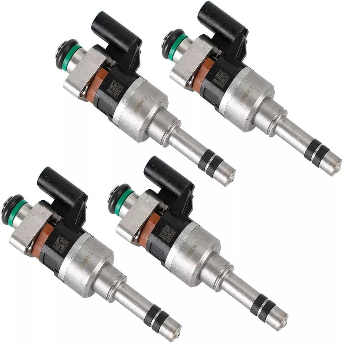 Fuel injector set of four with silver metal bodies, black caps, and green O-rings