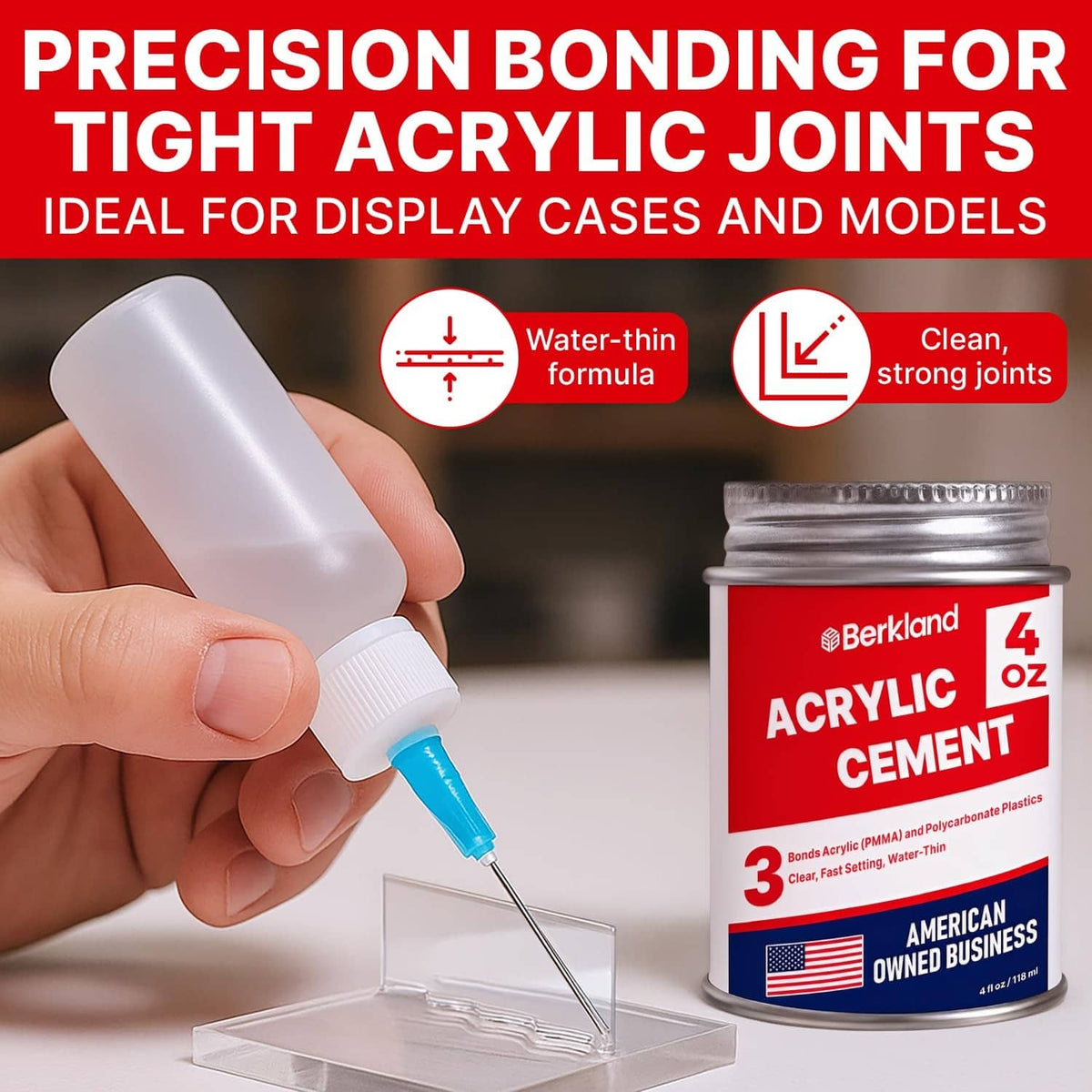 Hand using needle-tip applicator bottle with clear acrylic cement on clear acrylic base