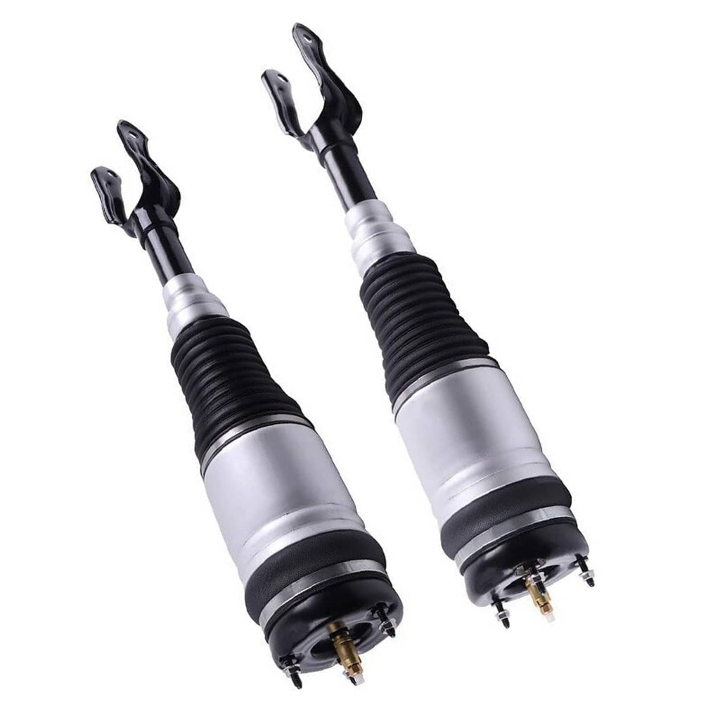 Two air suspension struts with black bellows, silver shock bodies, mounting ends