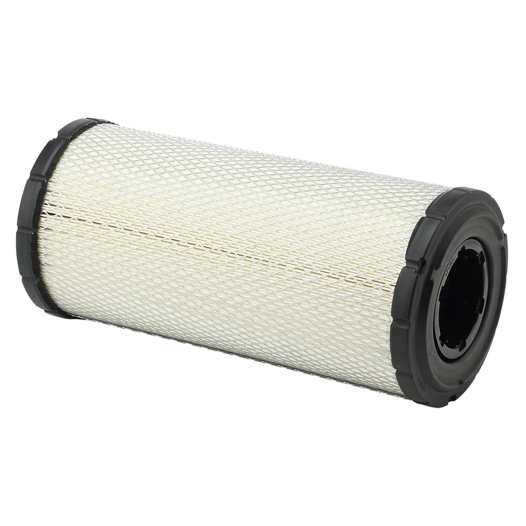 Air filter kit with long white and blue pleated cartridges and black end rings