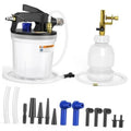 Vacuum brake bleeder kit with white reservoir, black pump head, blue caps, and brass fittings