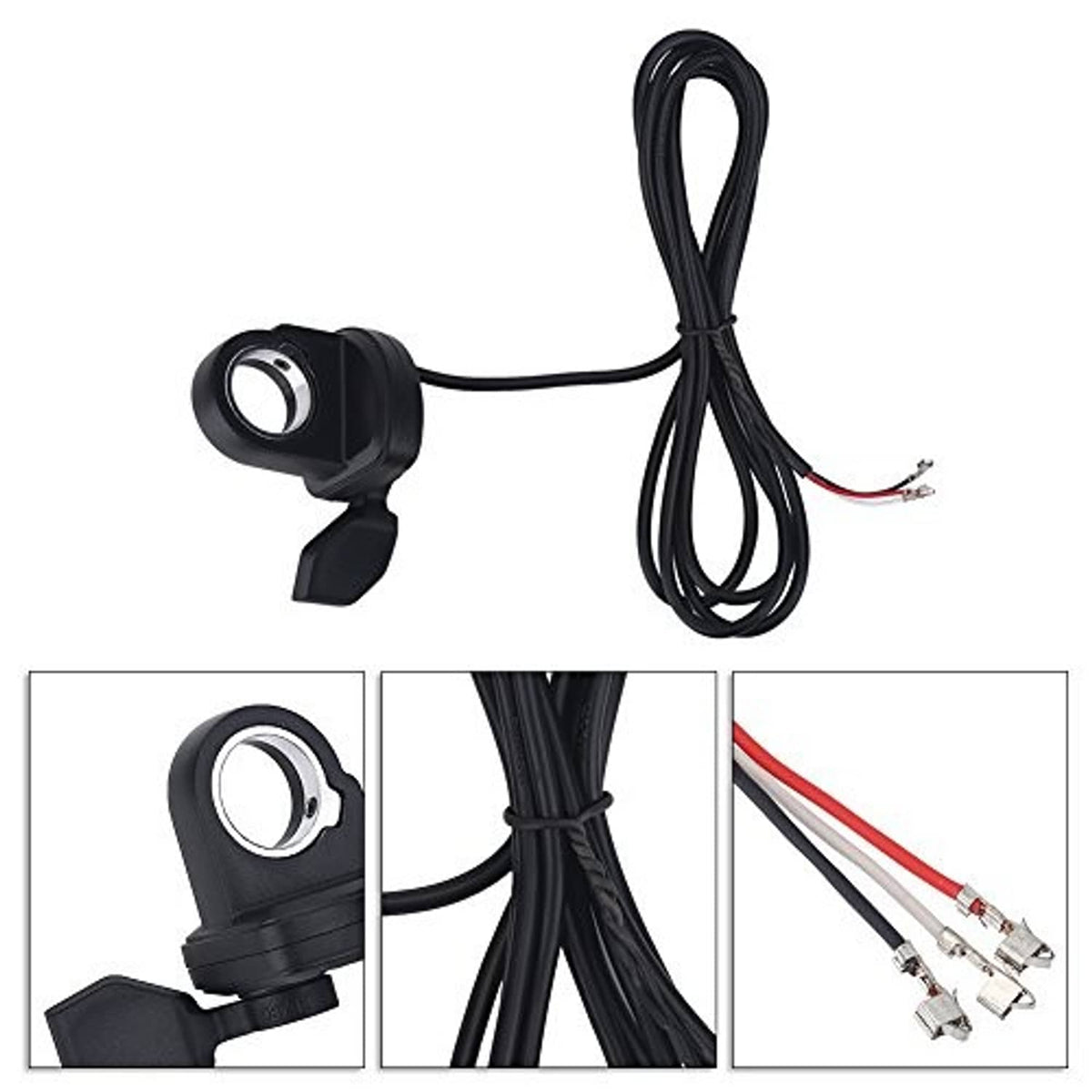 Bike thumb throttle with black mounting pad and bundled cable wiring