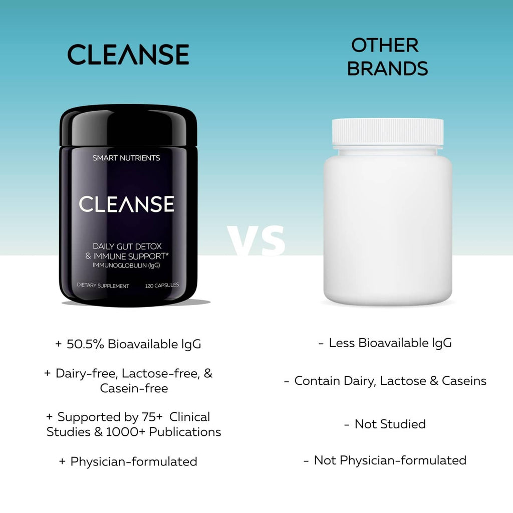 Side-by-side supplement comparison graphic: CLEANSE bottle versus other brand jar