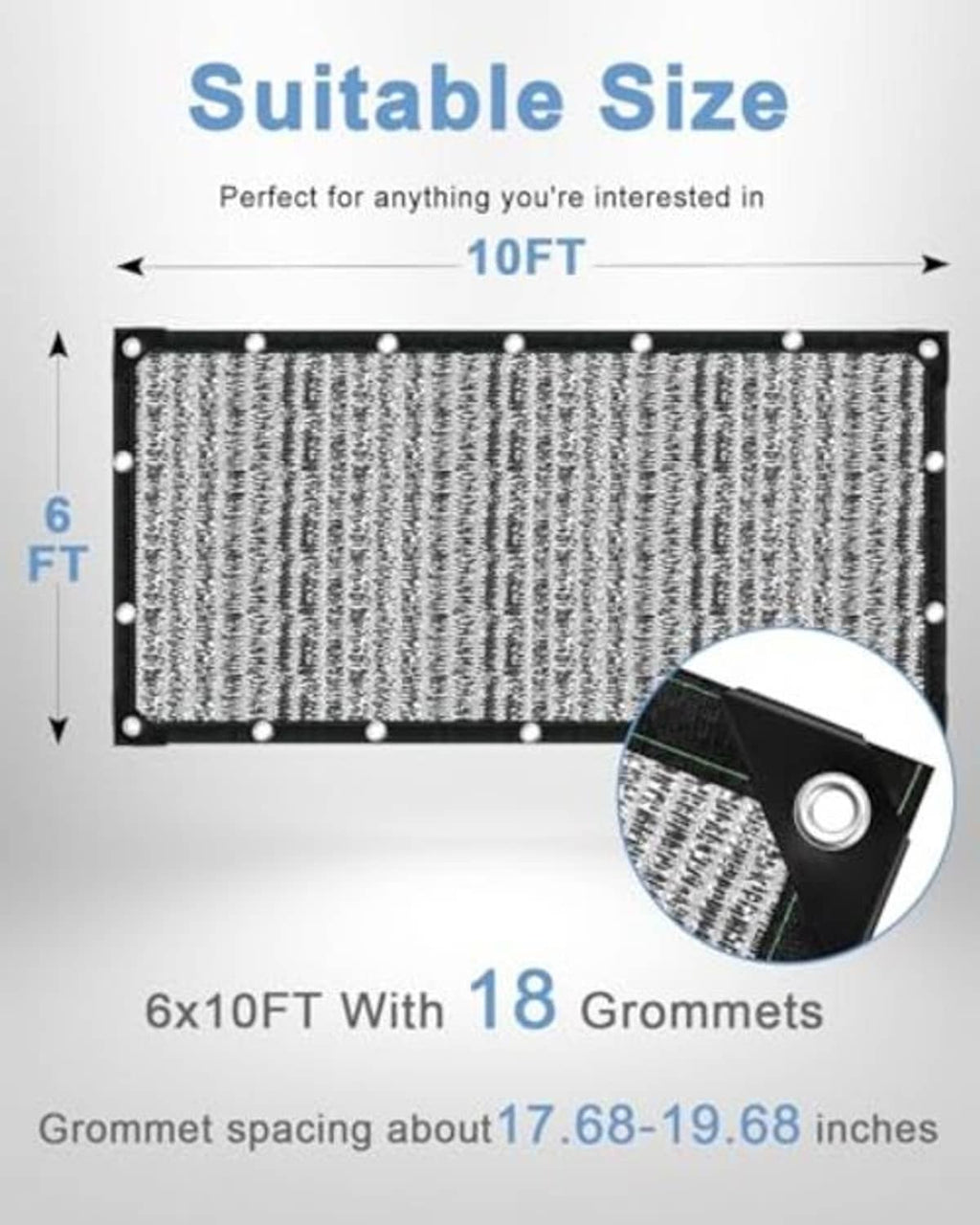 Reflective aluminum shade cloth with black border and grommets, 6x10 ft panel