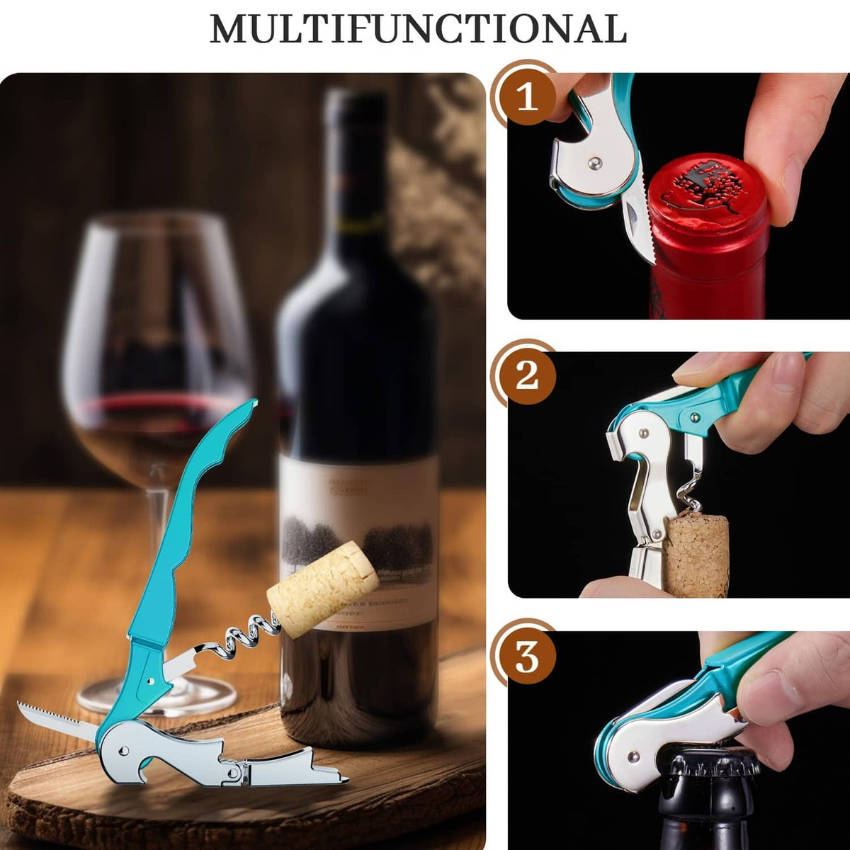 Blue and silver multifunctional waiter corkscrew with foil knife and cork-pull spiral.