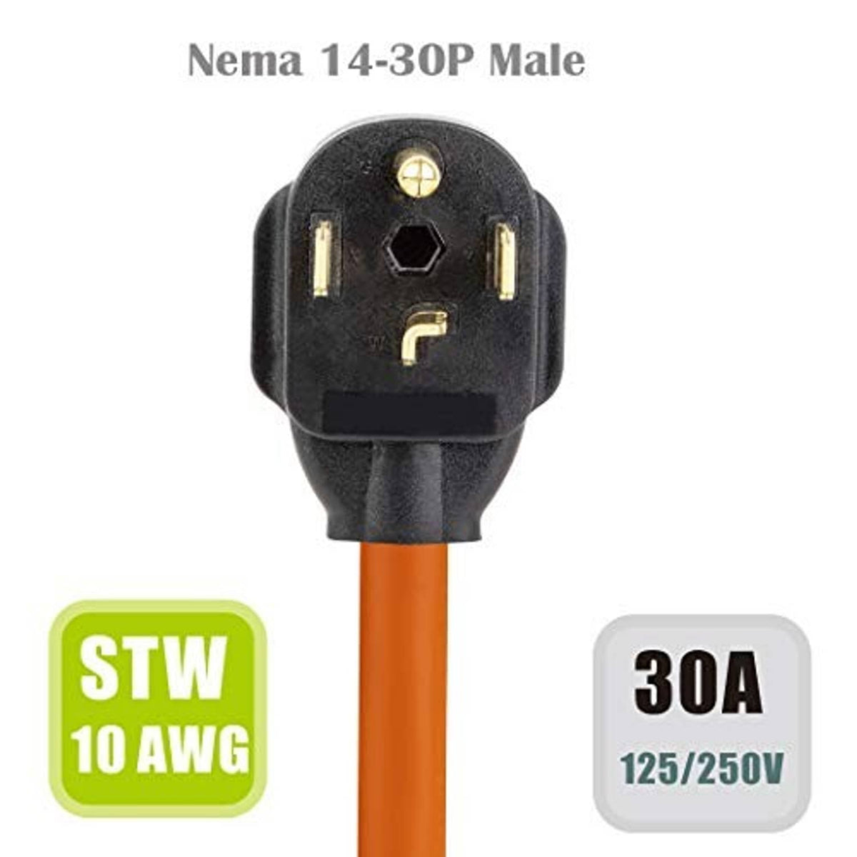 Black NEMA 14-30P male plug on orange power cord end