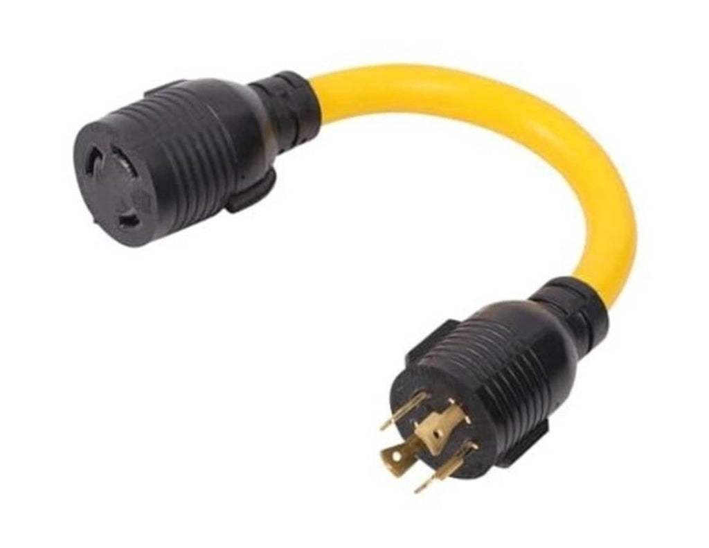 NEMA twist-lock plug to receptacle adapter cord, yellow cable, 4-prong to 3-prong