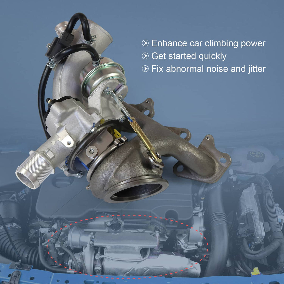 Turbocharger installed in an engine bay, with intake hose and mounting bracket