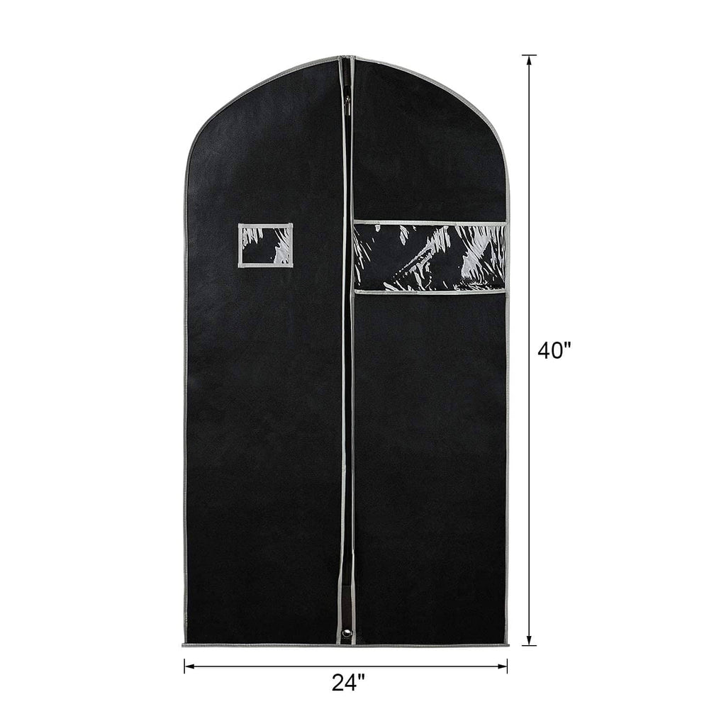 Black 40-inch suit garment bag with arched top, front zipper, grommet and hanger