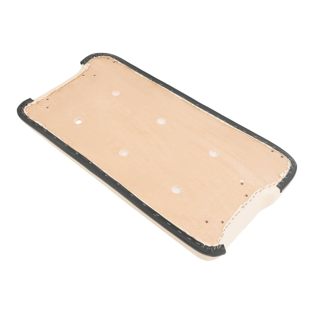 Beige seat bottom underside with black frame and stitched perimeter trim