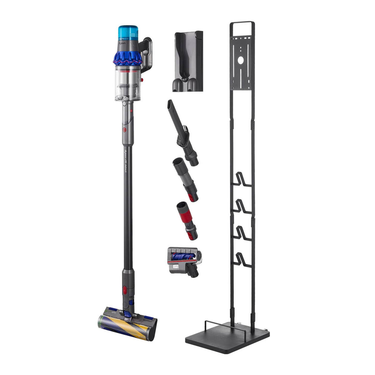 Vacuum stand with base and upright rail plus accessories and mounting brackets