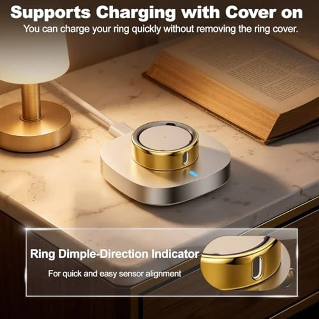 Gold ring cover on a charging dock, curved TPU shell with open sensor window
