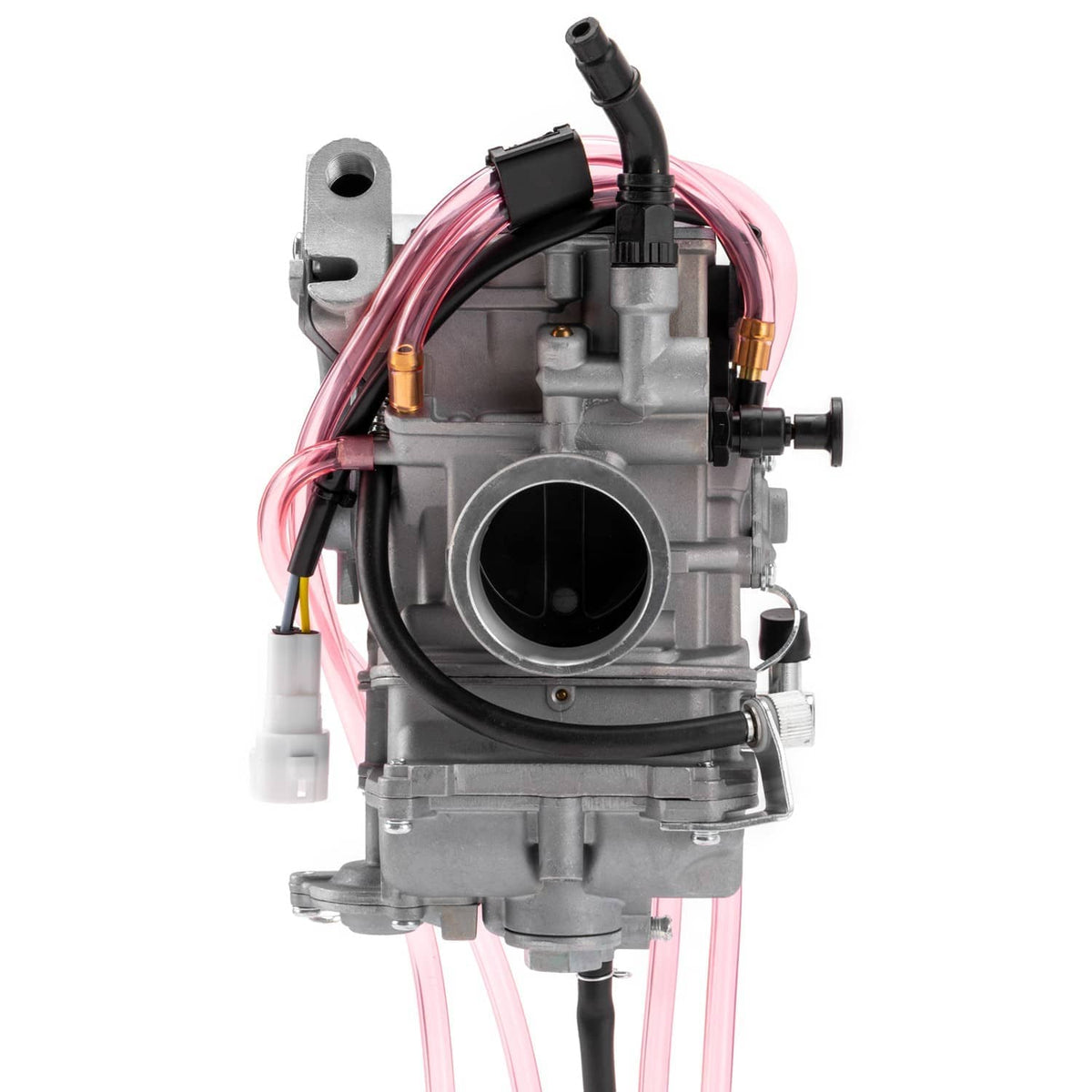 Carburetor assembly front view with 40mm intake, pink fuel lines and black throttle cable