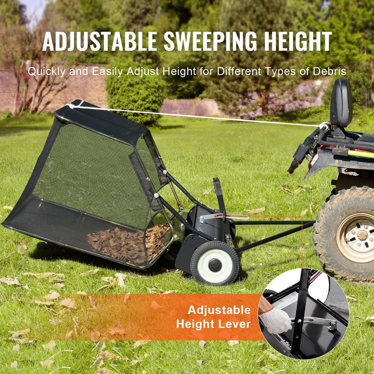 Tow-behind lawn sweeper with adjustable height lever and mesh leaf hopper