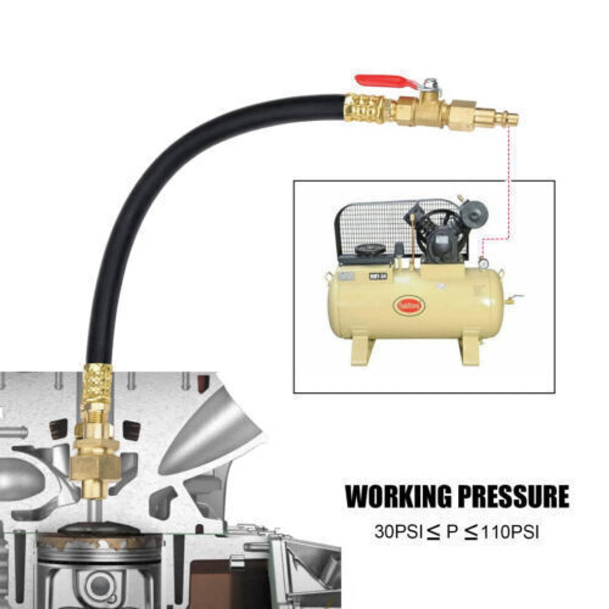 Black engine cylinder pressure hose with brass fittings and red shut-off lever