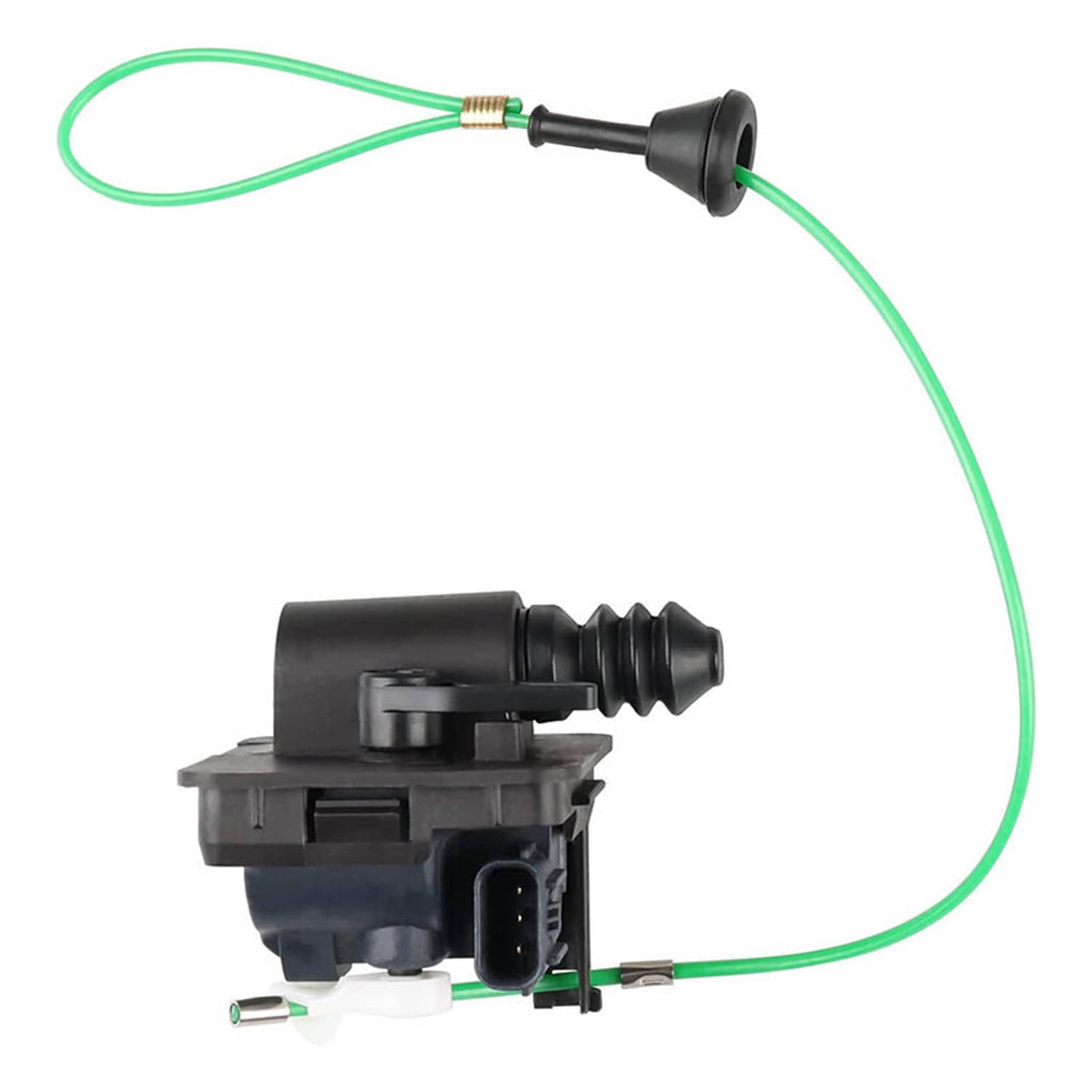 Fuel lid actuator gas door assembly, black actuator with green wire leads and plug.