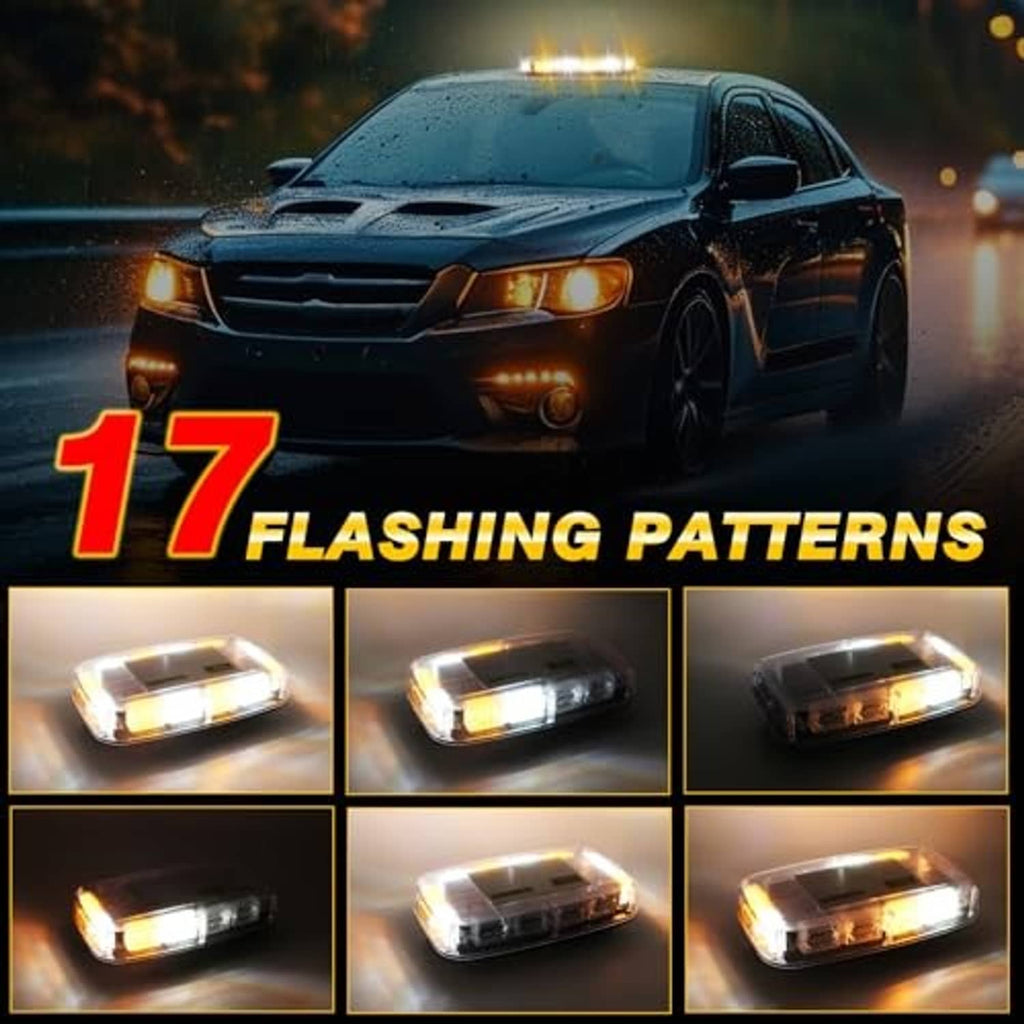 Amber/white roof strobe light flashing, clear housing mounted on a vehicle