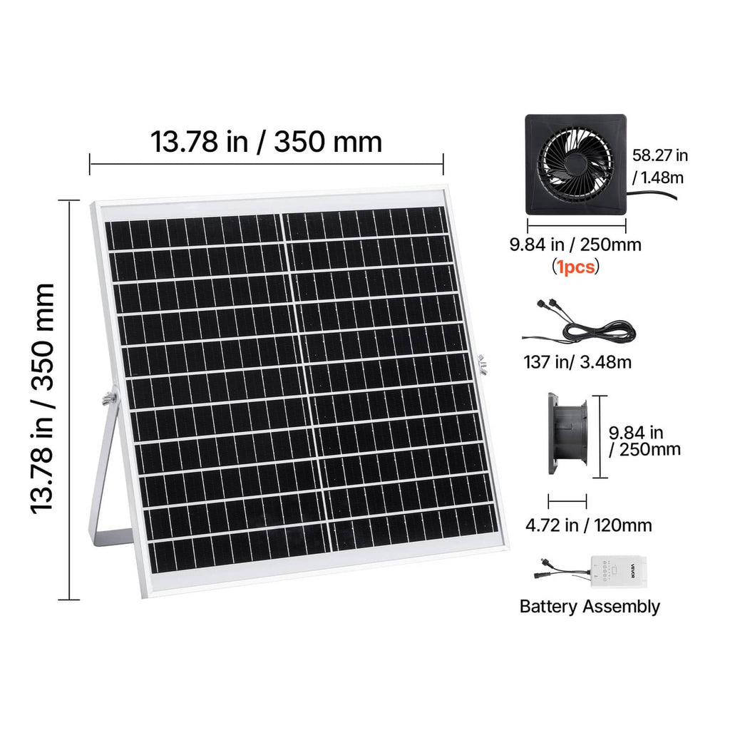 Dimension diagram of solar panel and compact ventilation fan with battery assembly