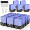 Clear hard plastic card sleeves set with stacked light-blue cases and retail boxes