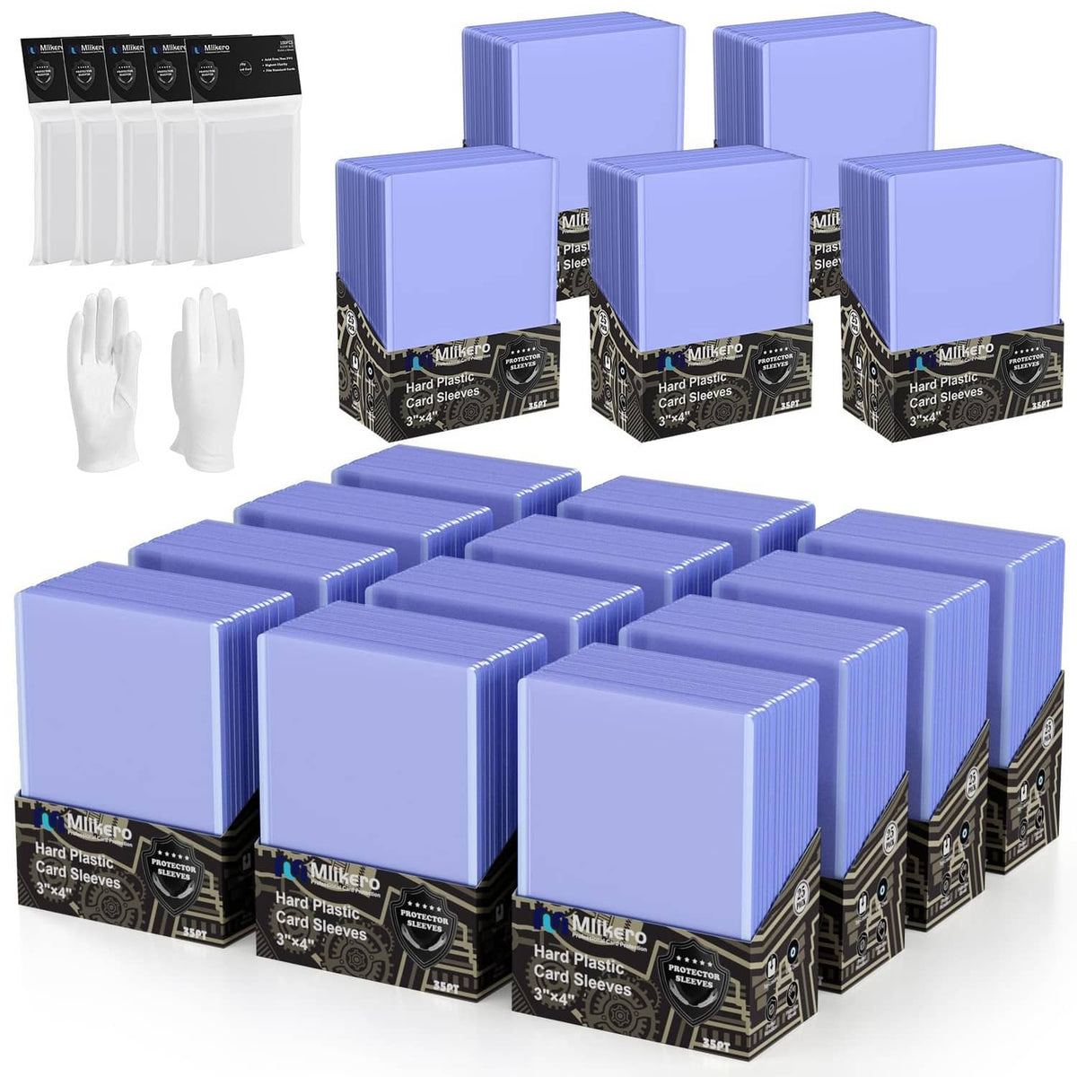 Clear hard plastic card sleeves set with stacked light-blue cases and retail boxes