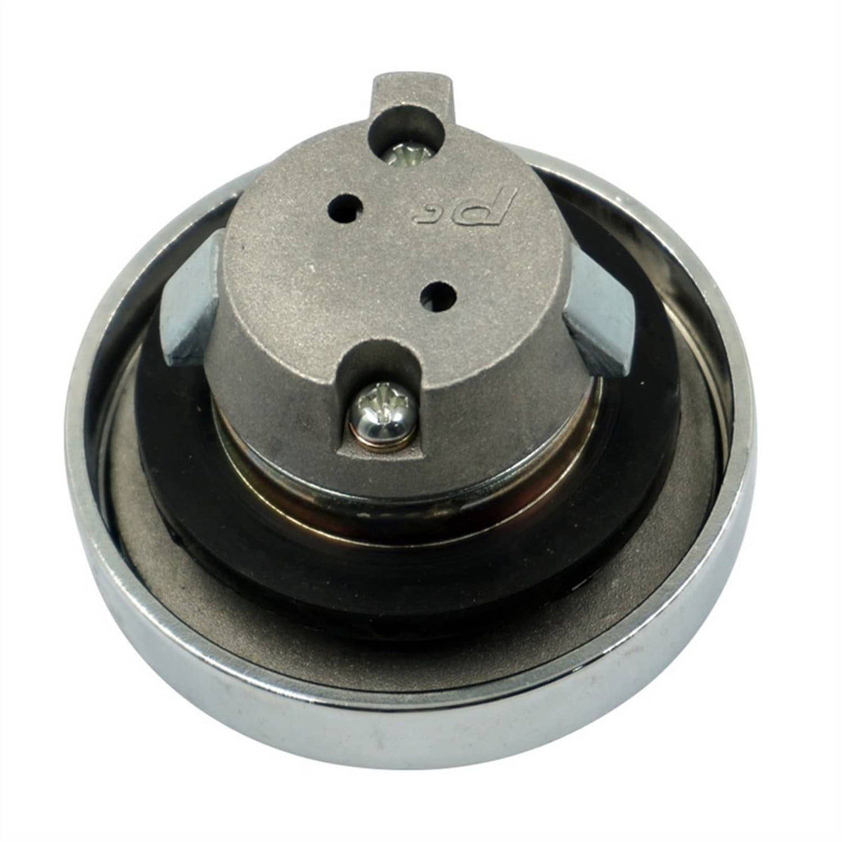Fuel tank cap underside view with keyed cylinder and metal spring retainer