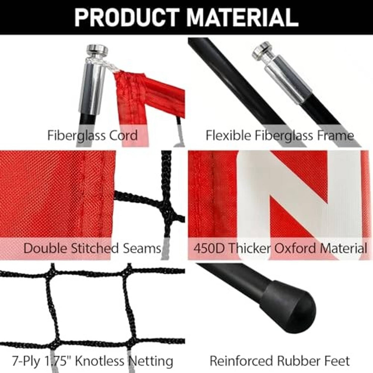 Baseball & softball net materials: fiberglass frame, oxford mesh, double-stitched seams, rubber feet
