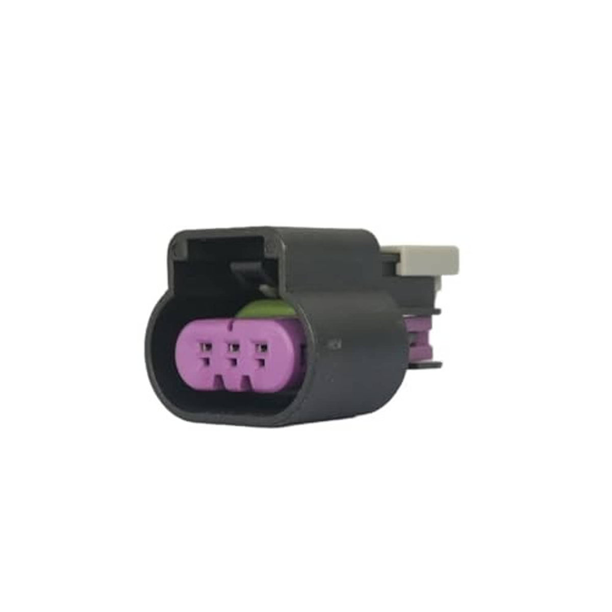 Throttle position sensor wiring harness plug with purple 3-pin insert in gray housing