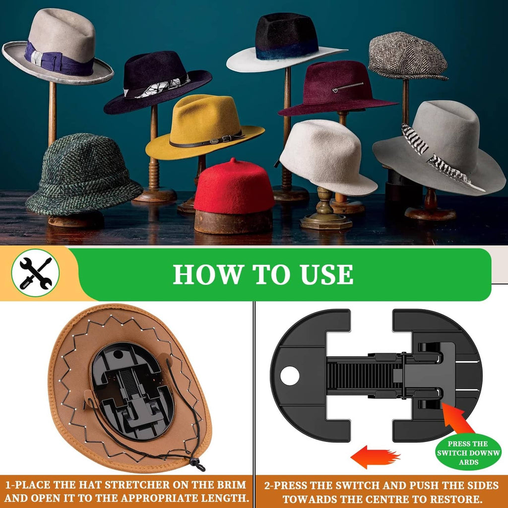 Black hat stretcher in-use, cross-section showing switch and push sides to fit brim