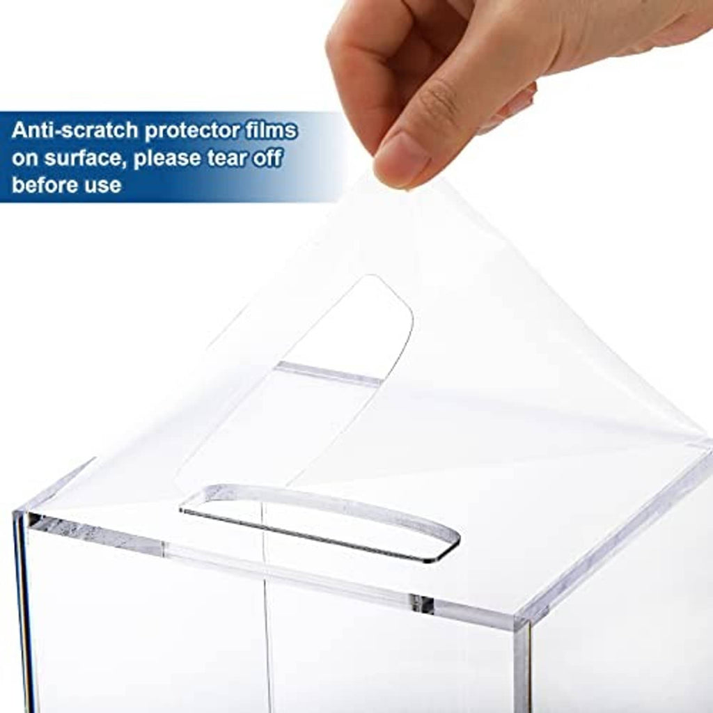 Clear acrylic storage box with handle; hand peeling off protective film