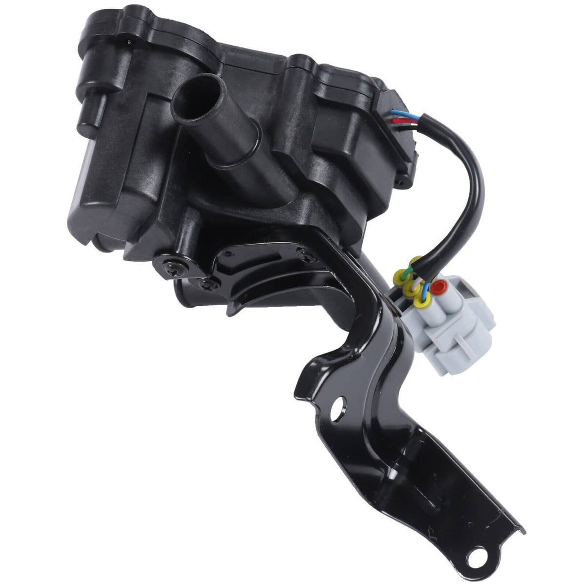 Heater coolant control valve with mounting bracket, black plastic body, and wiring plug.
