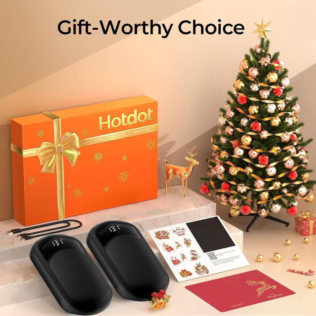 Pair of black rechargeable hand warmers with glowing heat window and controls