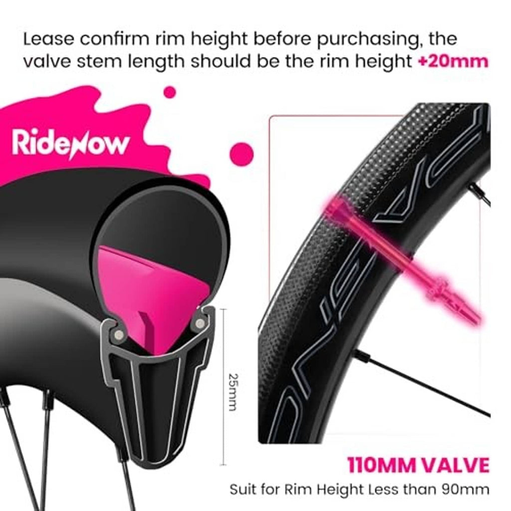 Pink and black tubeless Presta valve stem fitting a bike rim