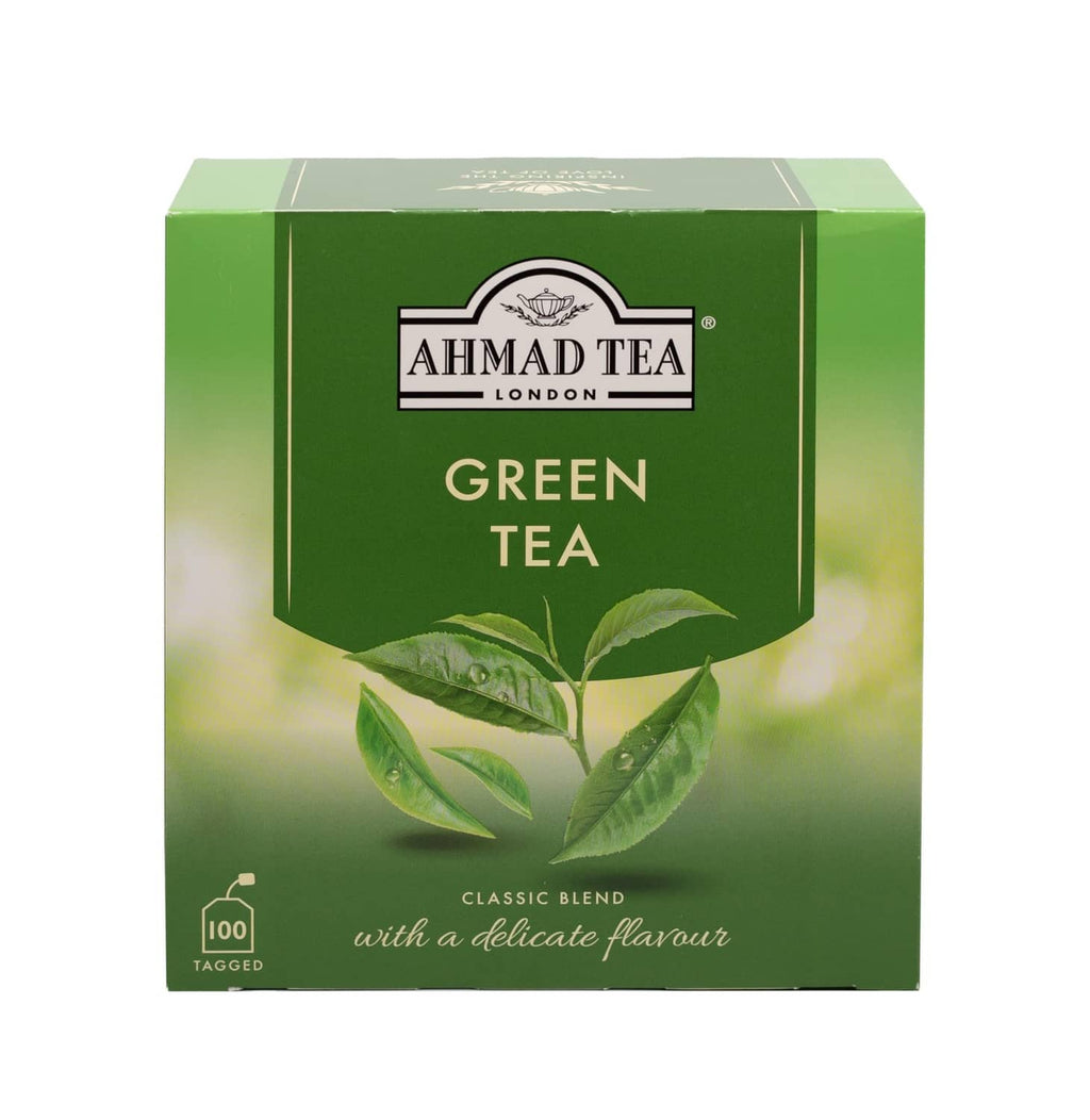Ahmad Tea Green Tea box with tea leaves and 100 tagged teabags