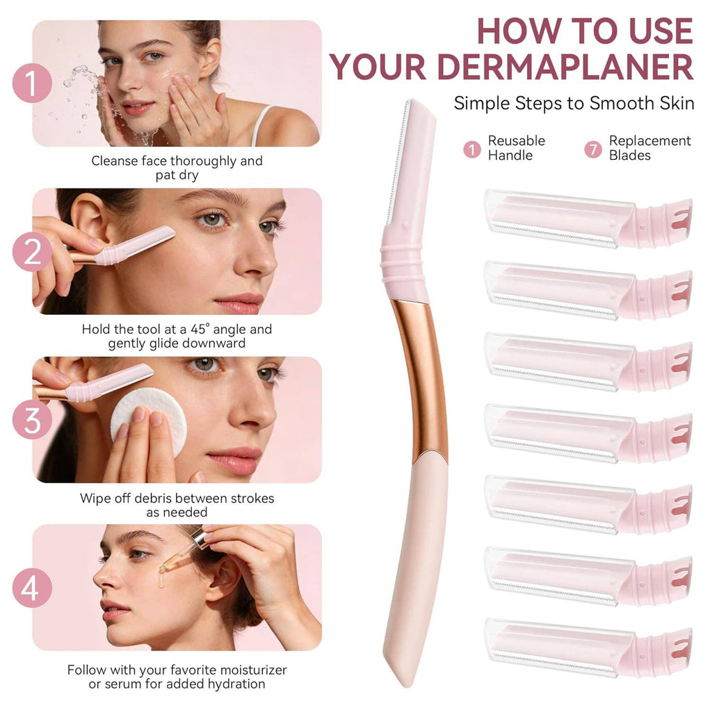 Reusable pink face razor handle with replacement blade cartridges arranged nearby