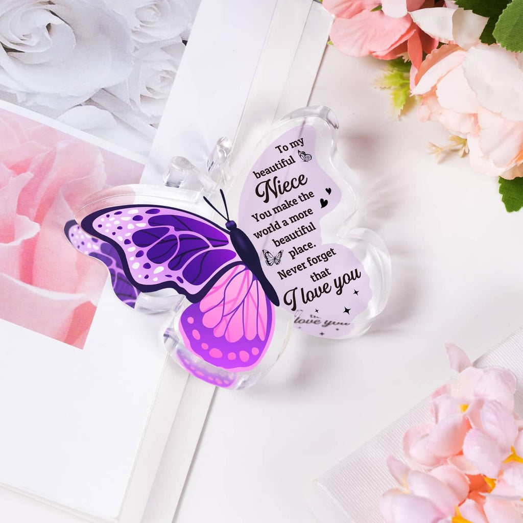 Purple butterfly-shaped message card with clear ribbon and purple butterfly artwork