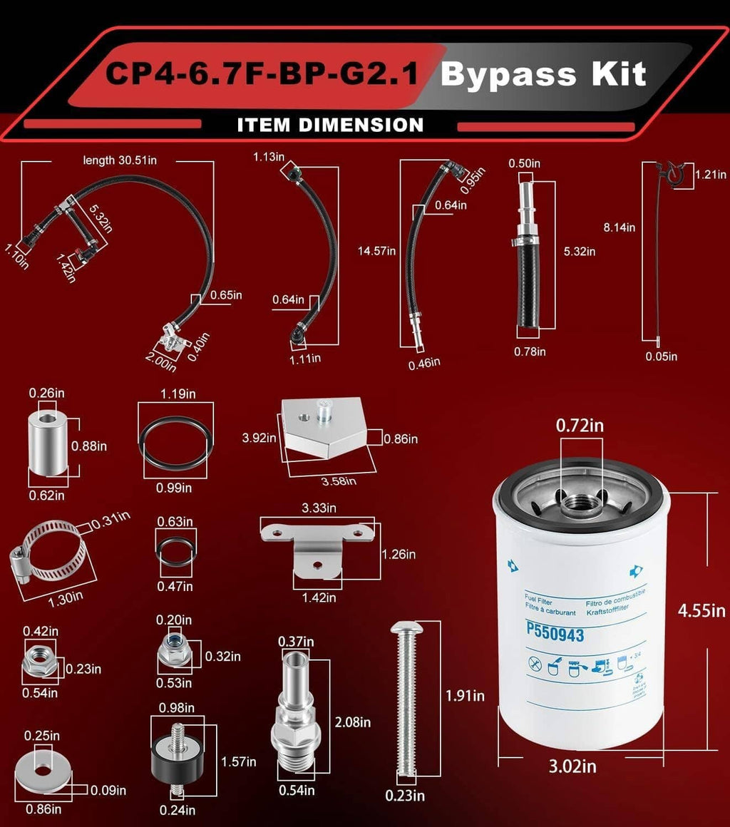 Bypass kit item dimension chart with measurements for hoses and white canister