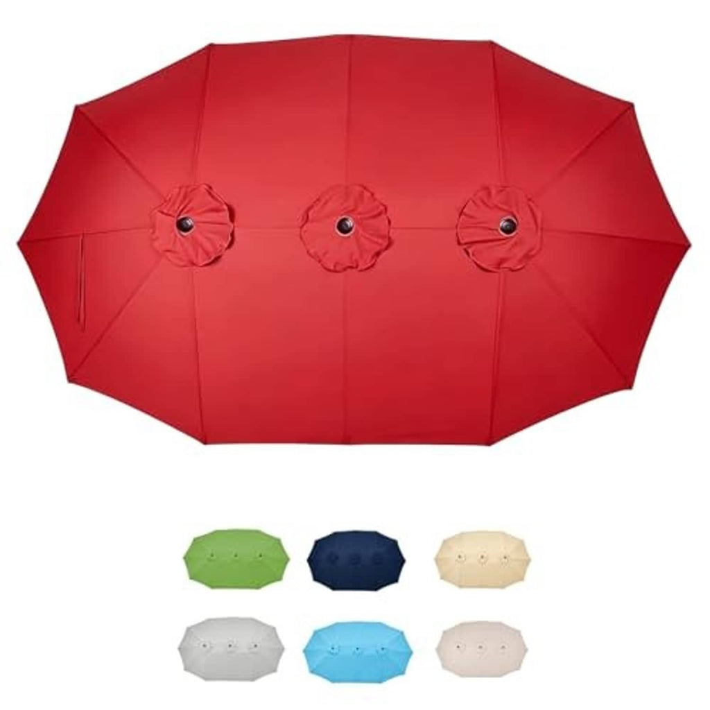 Red patio umbrella canopy with three flower-style vent grommets and color swatches