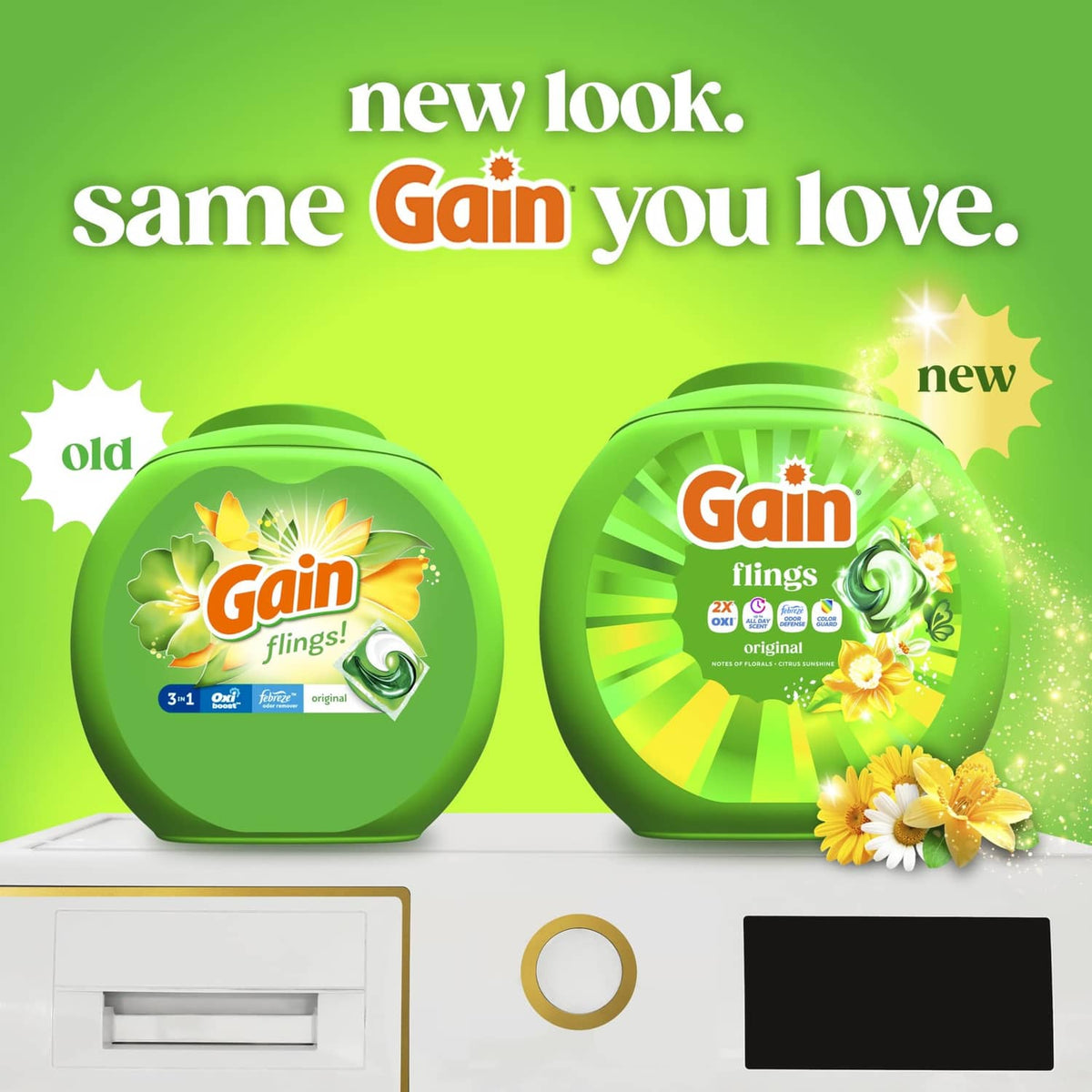 Gain flings detergent tub pair in green for original scent, same-look packaging