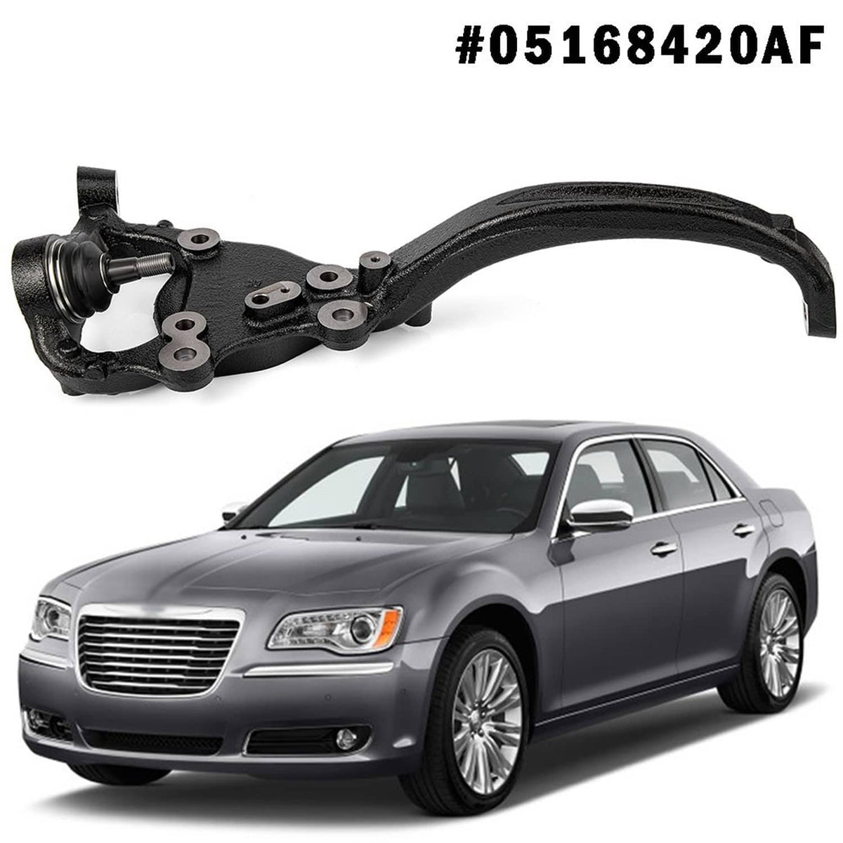 Right front steering knuckle with black curved arm, mounting plates, and ball joint