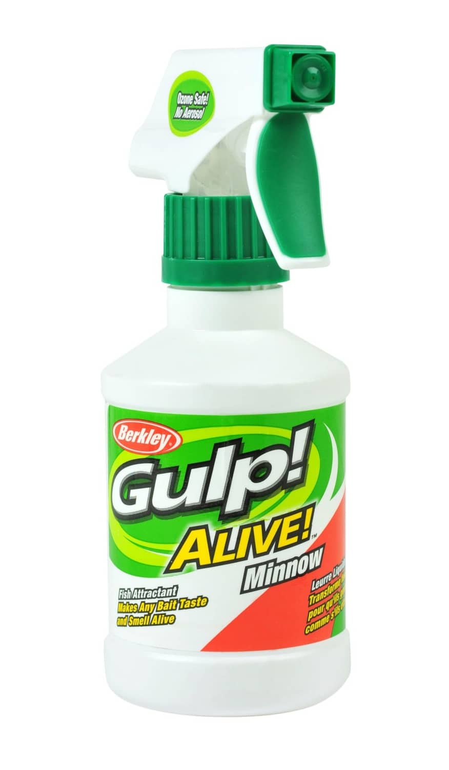 Berkley Gulp! Alive!® minnow attractant spray bottle, green pump on white canister