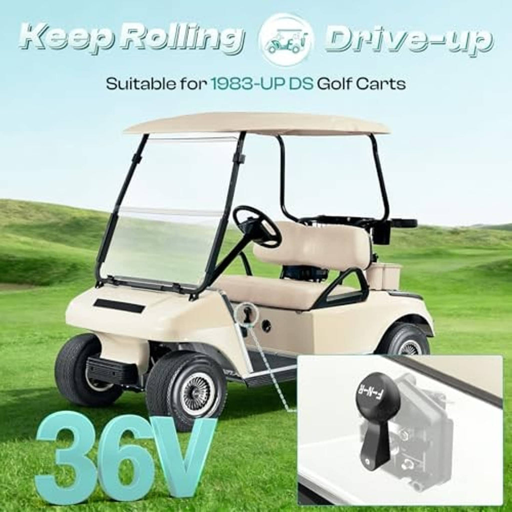 Forward-reverse switch with F-N-R knob, shown in inset on a golf cart