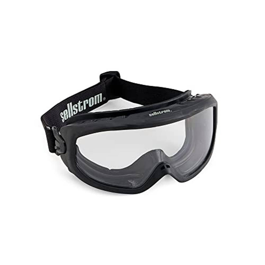 Black safety goggles with clear lens and adjustable strap.