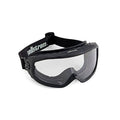Black safety goggles with clear lens and adjustable strap.