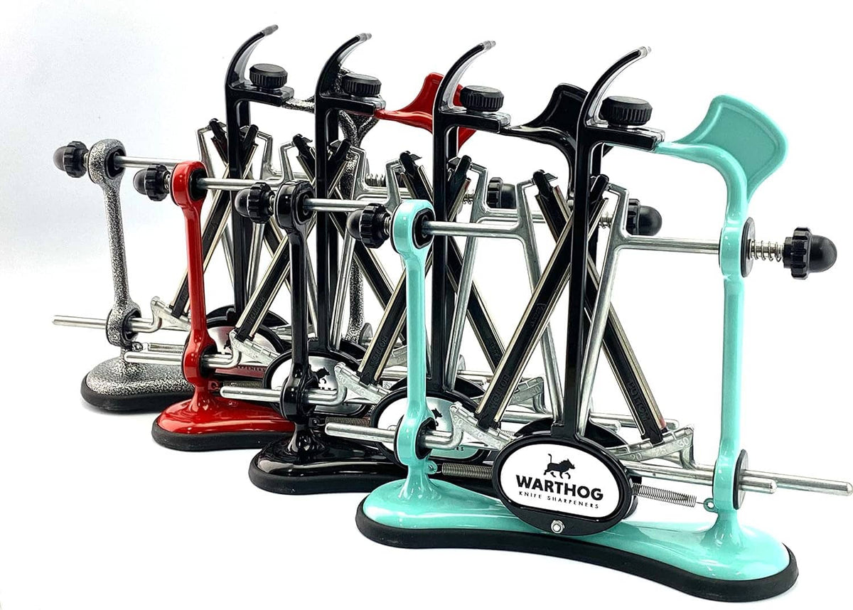 Multi-angle knife sharpener set with V-guides, diamond rods, black and turquoise bases