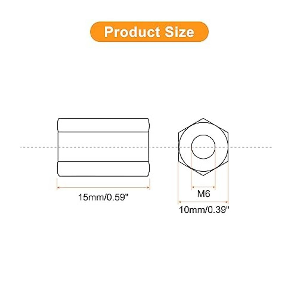 M6 hex coupling nut size diagram with length and thread area callouts